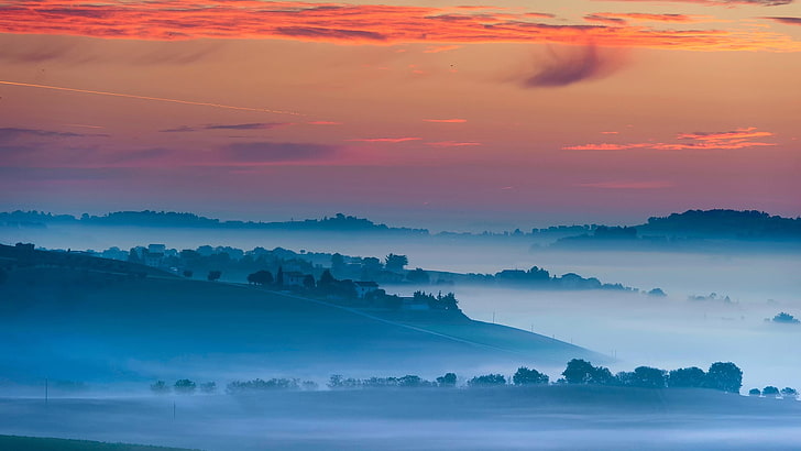 blue mountains, landscape, sunset, mist, village, hills, fog, HD wallpaper