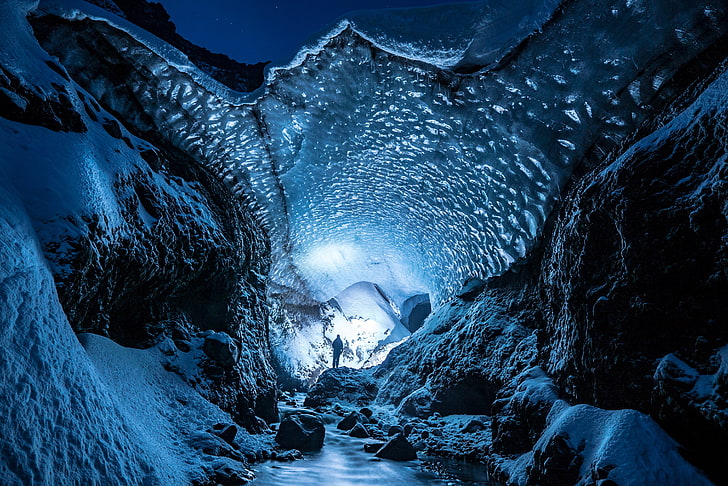 ice cave, glacier, man, snow, nature, blue, cold - Temperature
