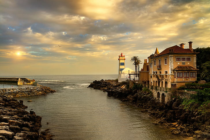 architecture, old building, water, river, sea, Portugal, rock