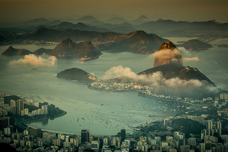 Rio de Janeiro, Brazil, view, highrise building, mountains, coast, HD wallpaper