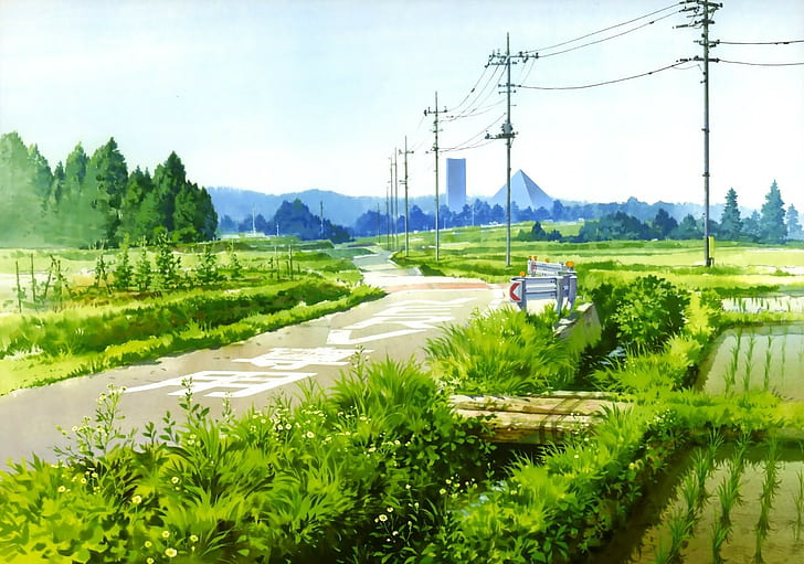artwork, road, power lines, farm, plants, utility pole