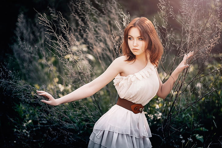 women's white one-shoulder dress, model, the beauty, Serg Piltnik, HD wallpaper