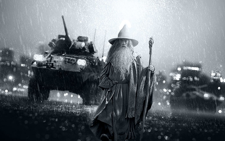 greyscale photo of wizard standing on road poster, Gandalf, monochrome