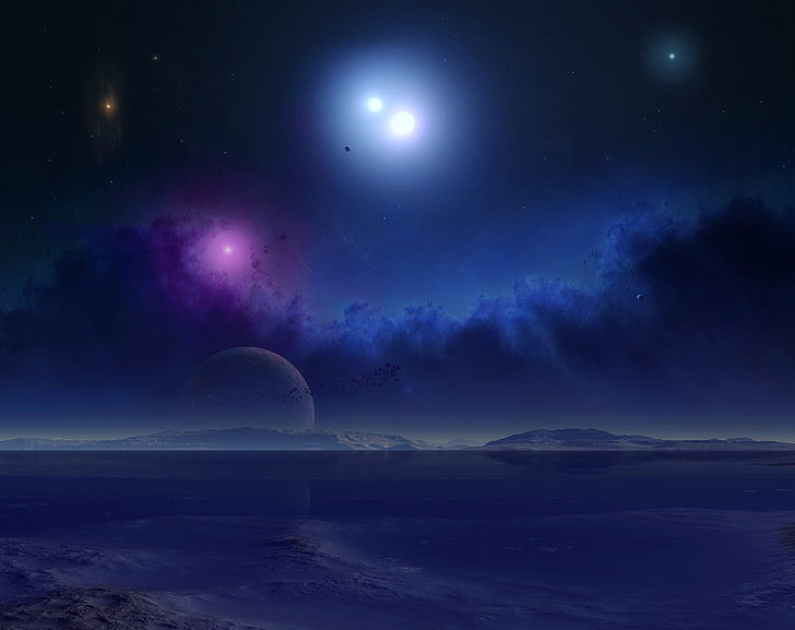Science Fiction Scenery, planets orbiting binary star system digital wallpaper
