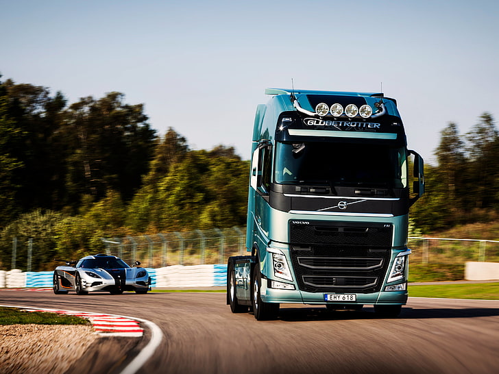 teal and black freight truck, volvo, fh, koenigsegg, 2014, supercar