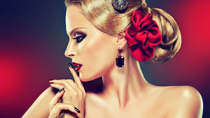 Gorgeous blonde, nail-polish, band, black, nails, lips, profile, HD wallpaper