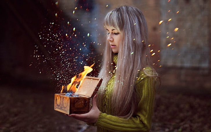 woman holding a burning wooden box chest, women, fantasy girl