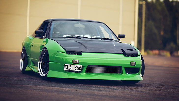 green and black covertible coupe, Nissan 240SX, JDM, green cars
