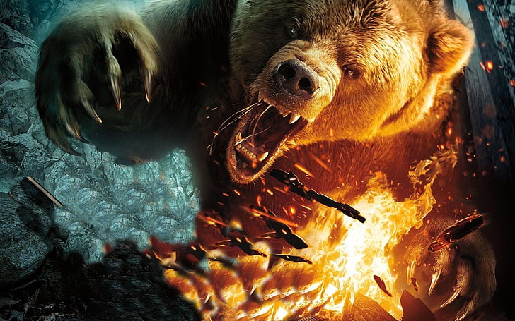 angry bear illustration, bears, fire, artwork, creature, animal, HD wallpaper
