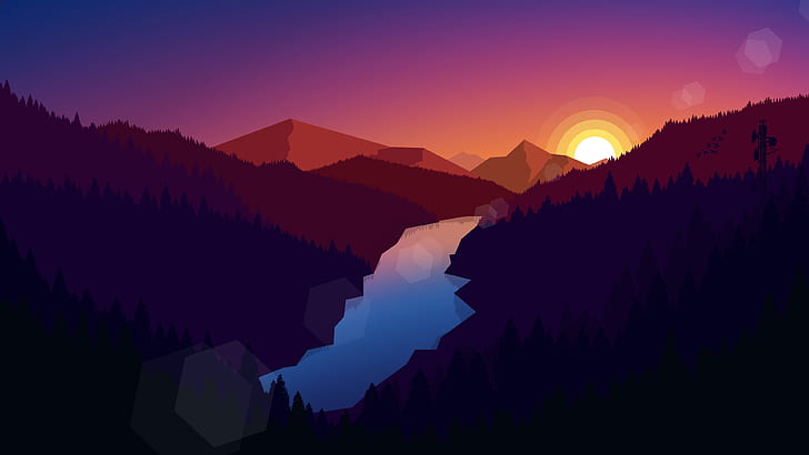illustration, landscape, mountains, nature, sunset, river, digital art, HD wallpaper