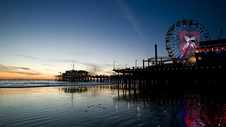 ferris wheel, pier, sea, beach, sunset