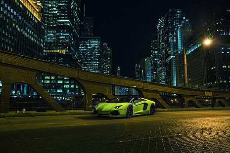 Hd Wallpaper Green Lamborghini Aventador Coupe Roadster City Chicago Front Wallpaper Flare