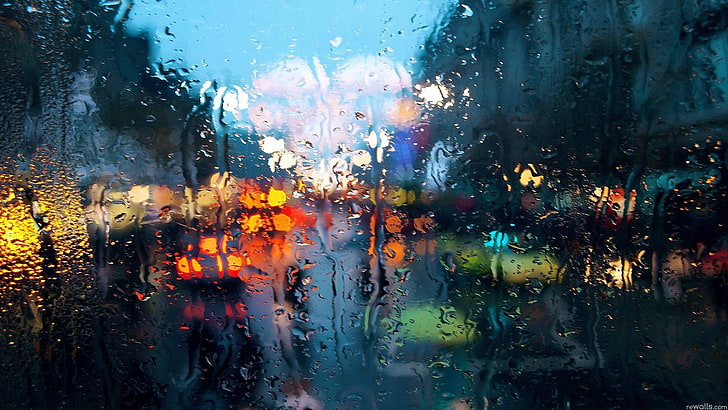 moist glass, untitled, rain, city, water drops, window, bokeh, HD wallpaper