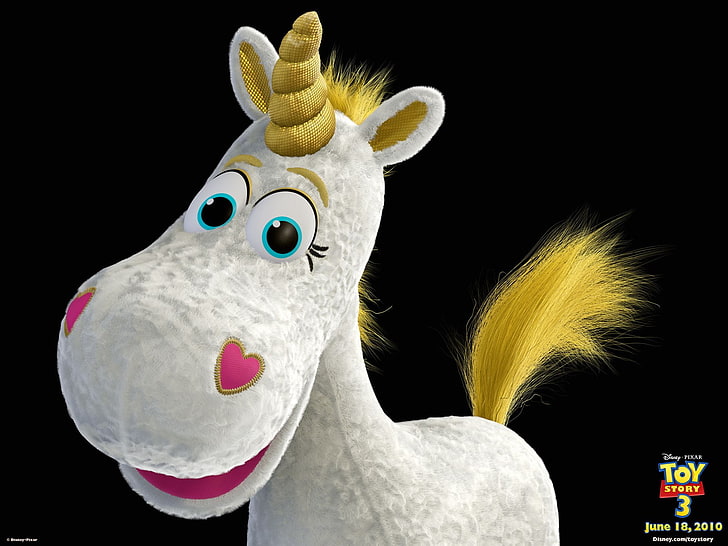 Toy Story 3 gray unicorn plush toy, unicorns, movies, black background