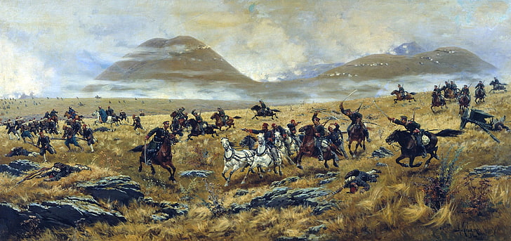 soldiers on horses fighting on field painting, war, artist, battle