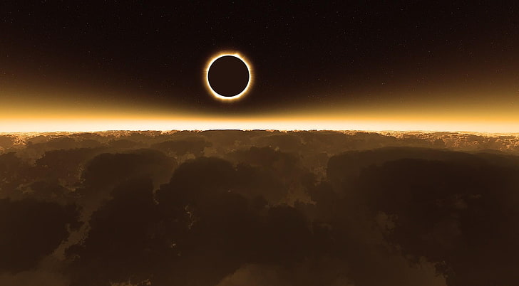 solar eclipse, cosmos, sun, clouds, astronomy, sunset, sky, space, HD wallpaper