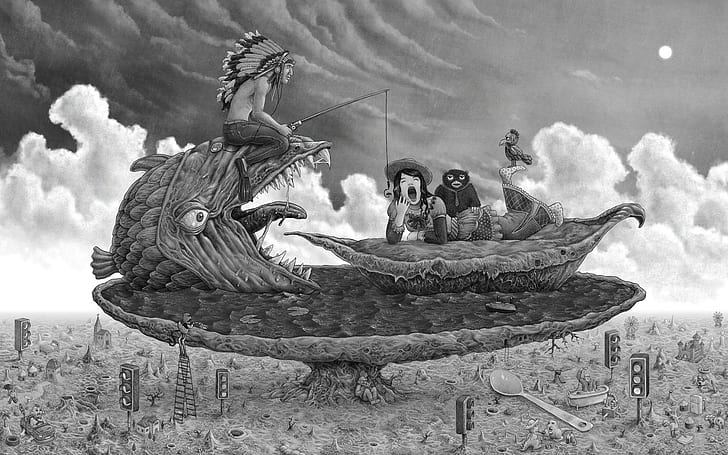men women native americans digital art artwork drawing monochrome surreal creativity piranhas fishing birds clouds spoons traffic lights, HD wallpaper