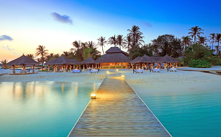Maldive Islands Resort, brown nipa huts, Travel, Ocean, Exotic, HD wallpaper