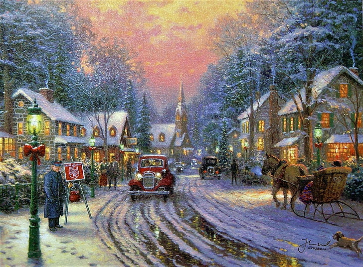 Holiday, Christmas, Artistic, Painting, Snow, Vintage, Winter