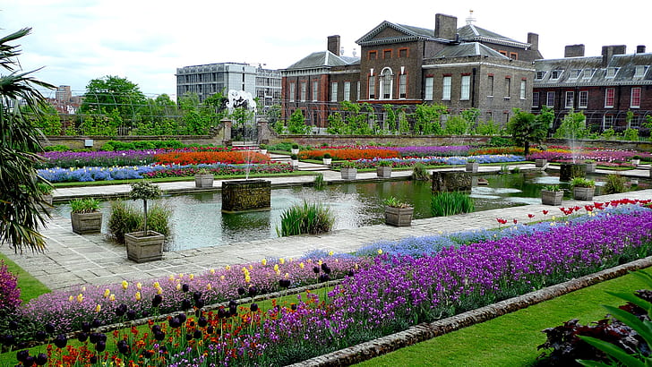 England, London, Kensington, park, flowers, house, HD wallpaper