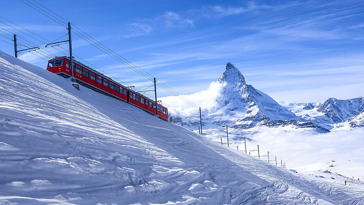 red and black train, red train and white mountains at daytime, HD wallpaper