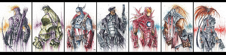 Marvel Avengers illustration, The Avengers, drawing, Hulk, Captain America
