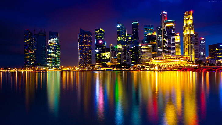 asia, marina bay, singapore, reflection, night, city lights, HD wallpaper