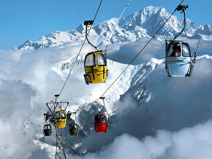 mountains, snow, ski lifts, clouds, cable car, cold temperature