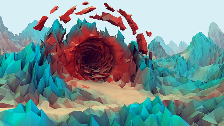 green, brown, and red cave and mountain range vector art, red and teal pointed cave illustration