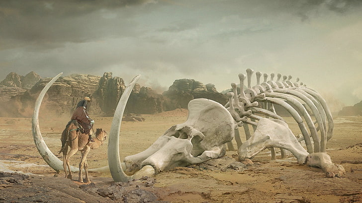 white dinosaur skull, digital art, desert, skeleton, mammoths