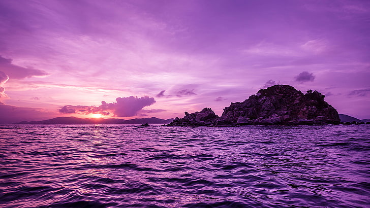 sea, island, landscape, sunset, water, sky, beauty in nature, HD wallpaper