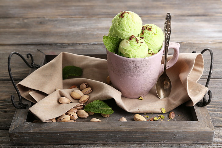 matcha ice cream, balls, spoon, mug, nuts, mint, dessert, sweet, HD wallpaper