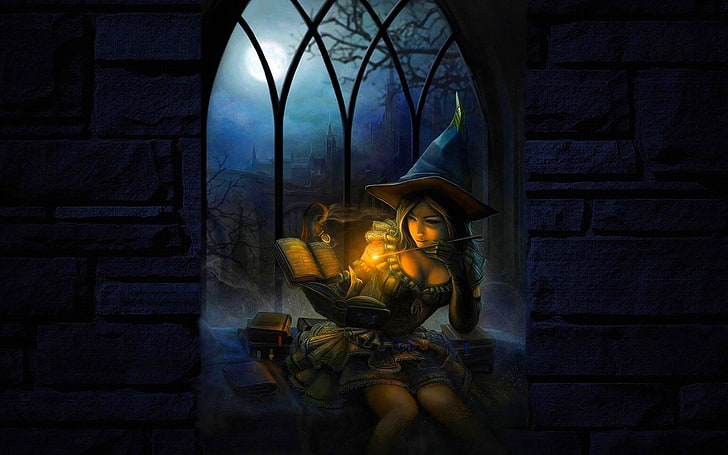 witch, magic, reading, women, night, fantasy girl, fantasy art