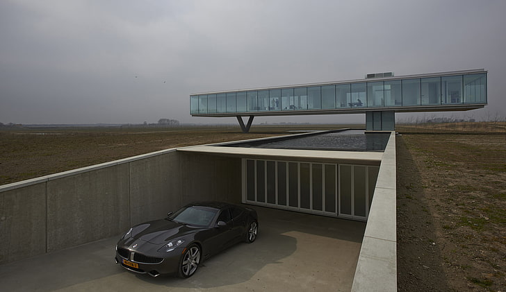 black coupe, modern, architecture, building, house, glass, Garage