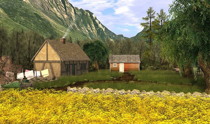 barn near house surrounded by mountain painting, Re, III, secondlife, HD wallpaper