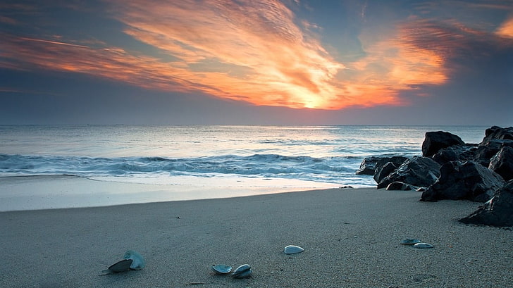 low angle-view of seashore, nature, rock, sand, beach, Sun, water