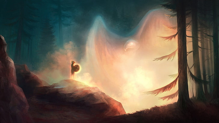 hills and pine trees digital wallpaper, artwork, fantasy art
