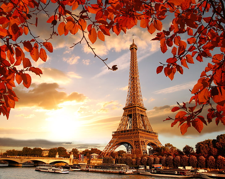 Eiffel Tower, Paris, autumn, France, river, leaves, cityscape, HD wallpaper