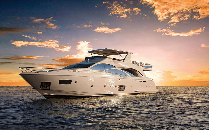 white yatch, yachts, Azimut, sea, sunset, boat, mode of transportation, HD wallpaper