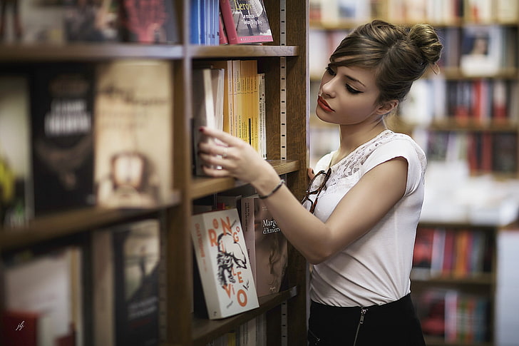 women, books, library, introvert, shelf, bookshelf, publication, HD wallpaper