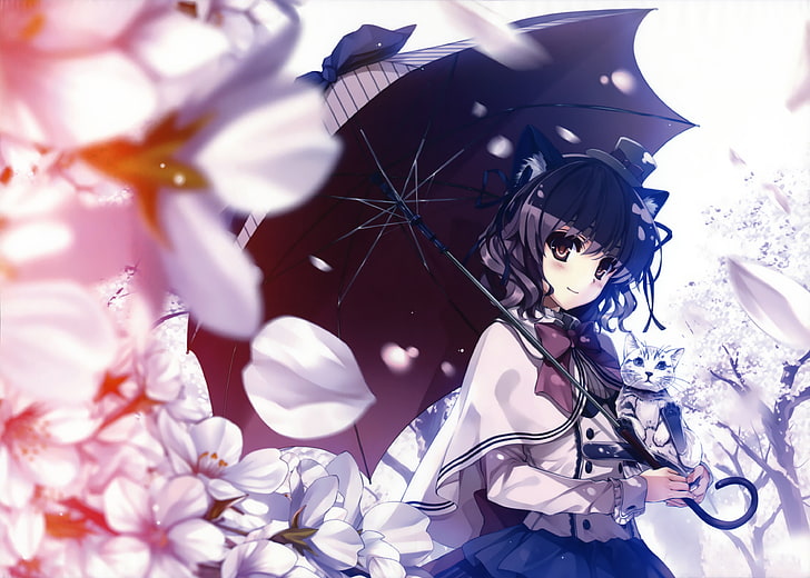 female character holding umbrella and cat digital wallapaper