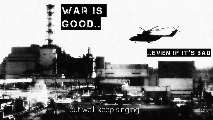 black and white house painting, war, Mil Mi-26, Chernobyl, text