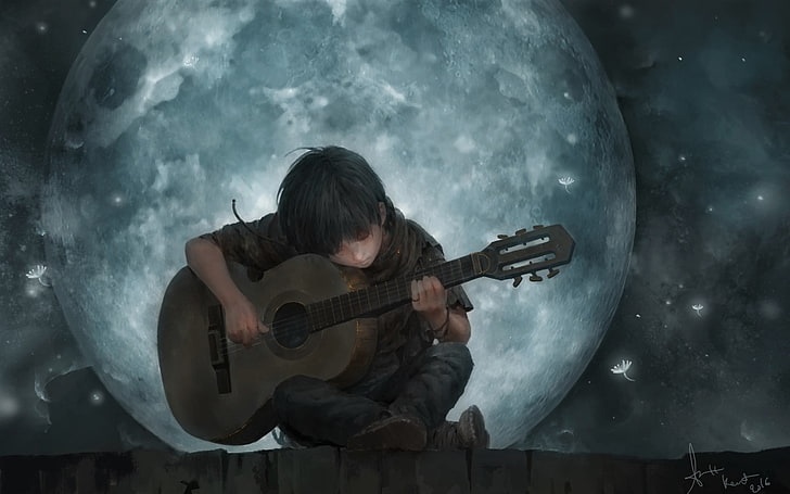 Little Boy On Full Moon Night Playing Guitar Art, musical instrument