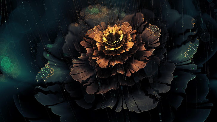 digital art, digital flower, rainy, lights, glittering, flowering plant, HD wallpaper