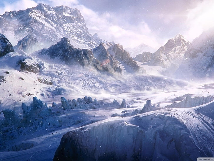 nature, artwork, fantasy art, mountains, cold temperature, snow, HD wallpaper