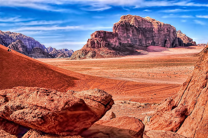 landscape photo of brown mountain and desert during daytime, wadi rum, jordan, wadi rum, jordan
