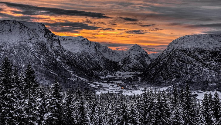 landscape, nature, winter, sunset, valley, forest, mountains