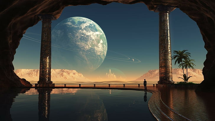 planet with ring digital artwork, water, sky, nature, reflection, HD wallpaper