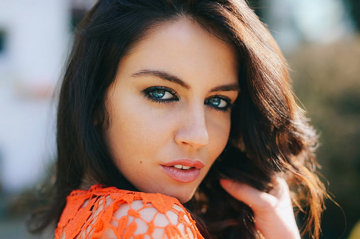 brunette, model, women, women outdoors, blue eyes, Aurela Skandaj, HD wallpaper