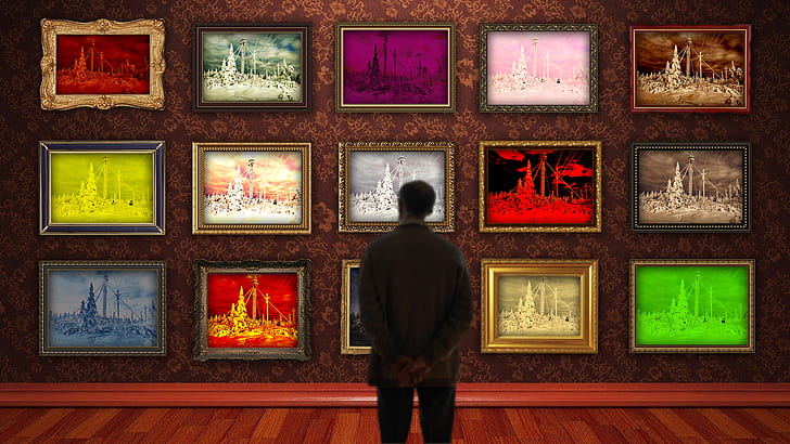 galleries, picture frames, wall, colorful, people